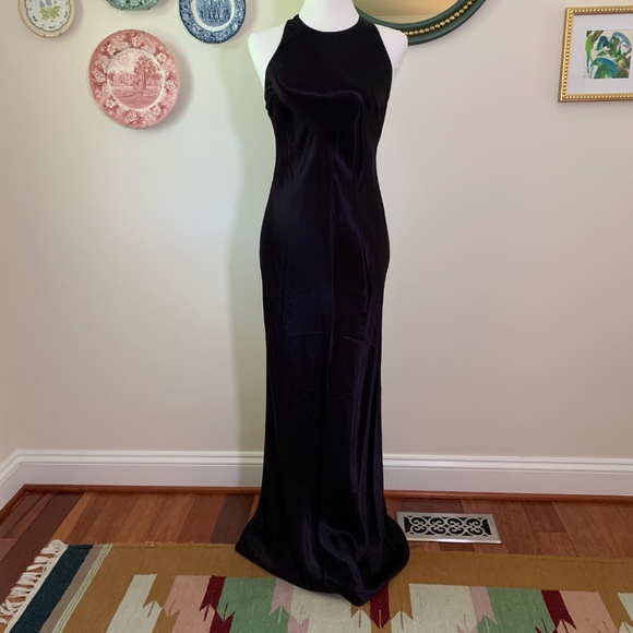 Vintage 90s Racerback Halter Deep Eggplant Purple Bias Satin Dress Gown 2 - Picture 2 of 10